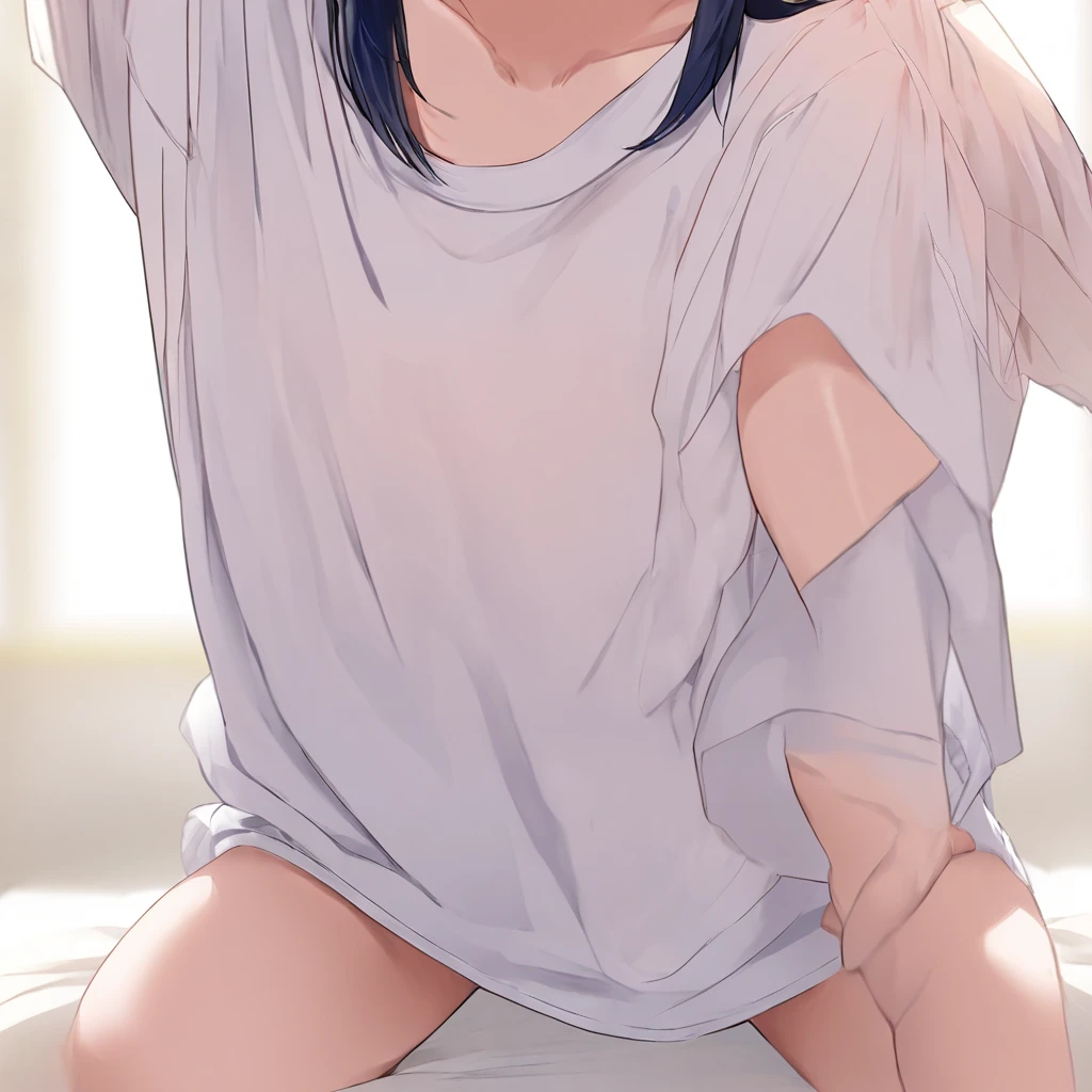 girl, solo, 21years old, lying, blush, on bed, indoors, lying on bed, black pantyhose, long hair, asymmetry bangs,medium breasts, over sized long sleeve white shirts, see-through shirts, looking at viewer, from below,