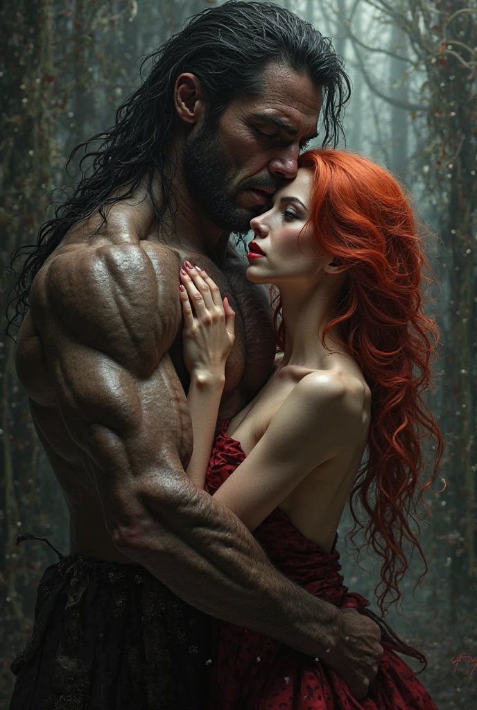 A Beautiful Woman that it is a vampire, with Red hair and a Curvy body, wearing a black dress with a big neckline and high heels, watching a Young Big and Hot Man, who’s naked only from the top, and it is attached to the walls because of plants