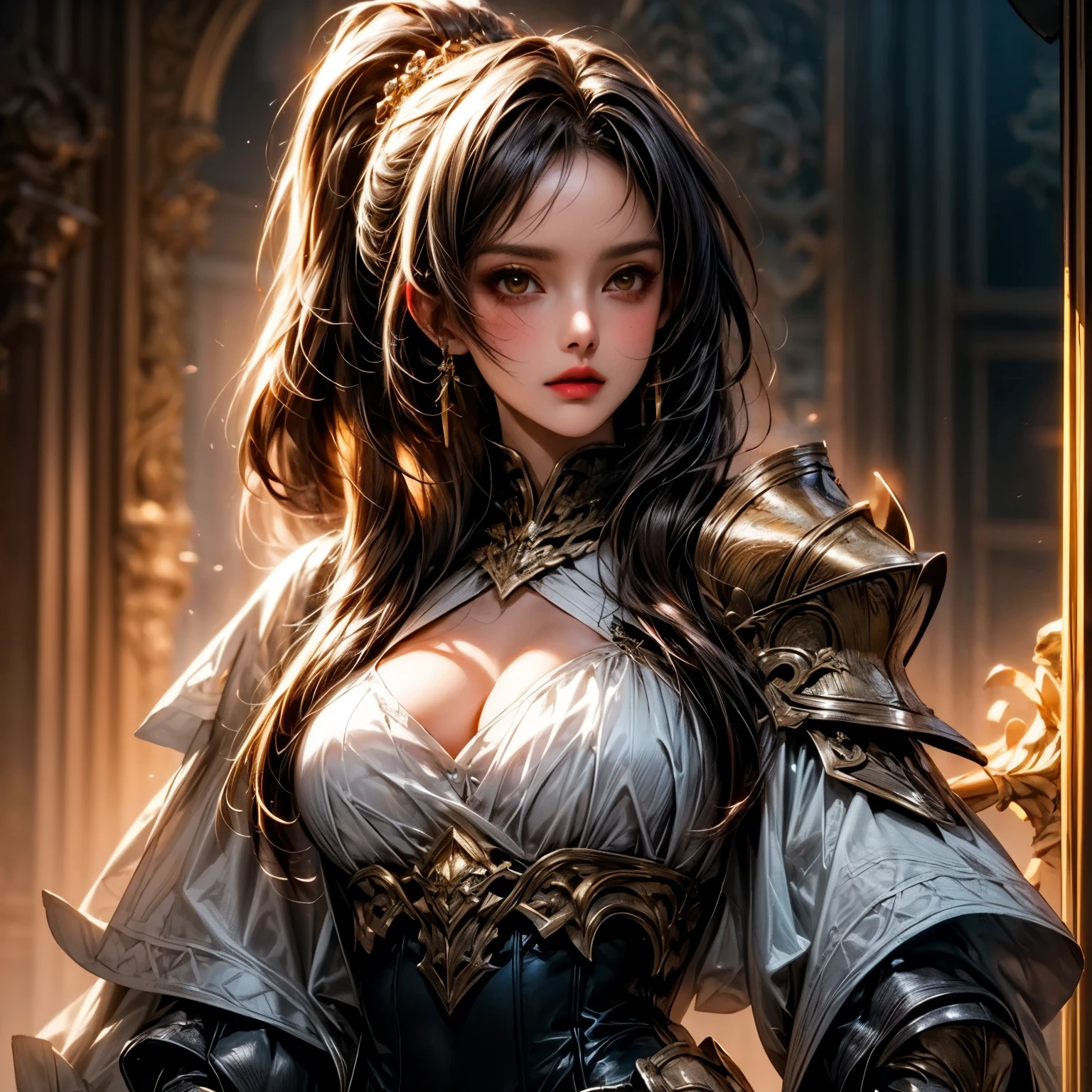 ((extreme quality)), ((Masterpiece)), ((Enrich the picture,Masterpiece level quality)), golden hair, high ponytail, very big breasts, golden eyes, fierce woman, ultra eyes details, RAW 4K, Realistically , ( cinematic lighting, moody, textile shading), perfect proportions, ultra detailed, volumetric lighting, soft lighting, glossy skin, beautiful face, Special face details, strong emotions, elegant gesture, Detailed facial features, Long eyelashes, contrast, Incredible atmosphere, Fascinating setting, Haunting beauty , black mini skirt , holy knight , heavy knight armor , intricate golden embroidery , chest armor,
