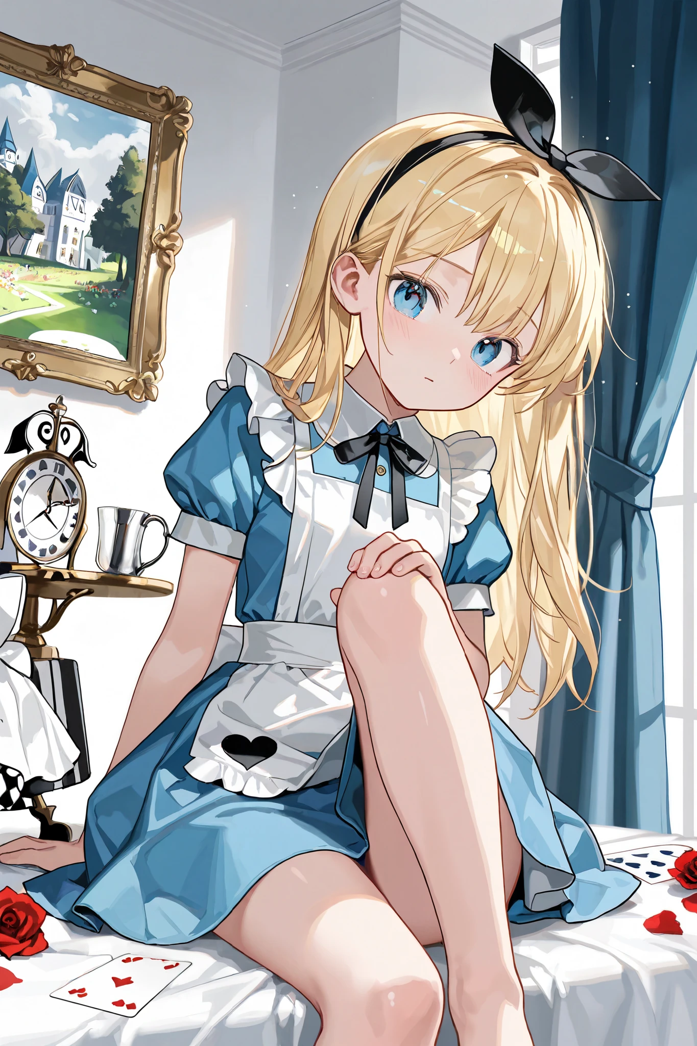 masuterpiece, top-quality, portrait, 1 girl, (Alice In Wonderland:1.2), blue Dress, white apron, blond hair, blue eyes, bunny rabbit, playing cards, tea cup, white lace thigh high socks, mini skirt lift, half body, dynamic poses