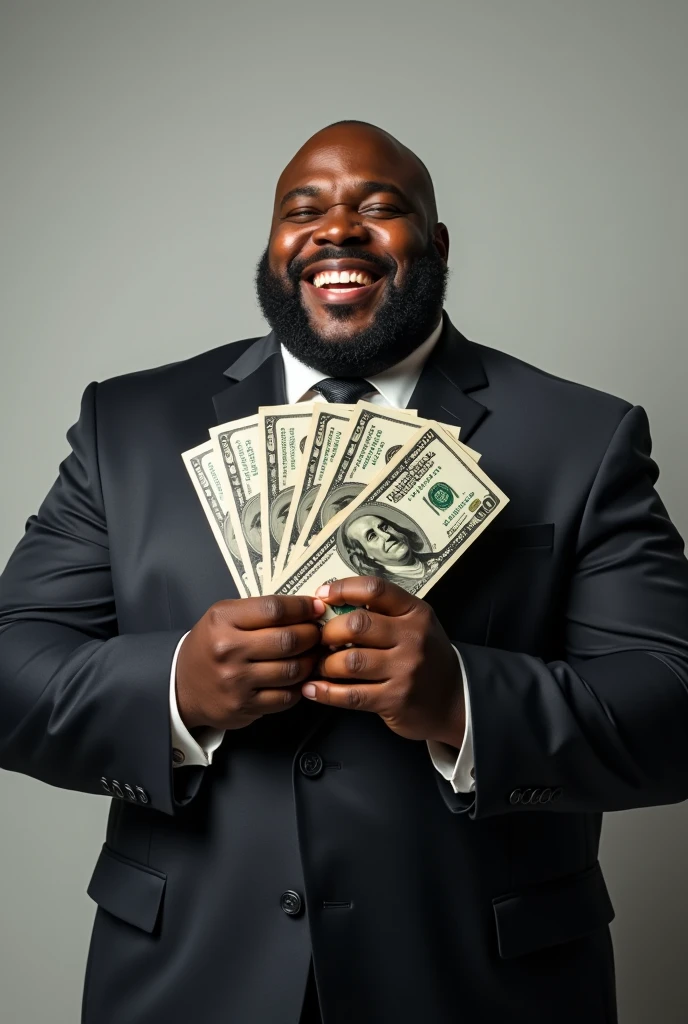 A rapper smiling wearing a black shirt with chains around his neck and a black tie, dining alone on a large table with 12 chairs, surrounded by money. 
