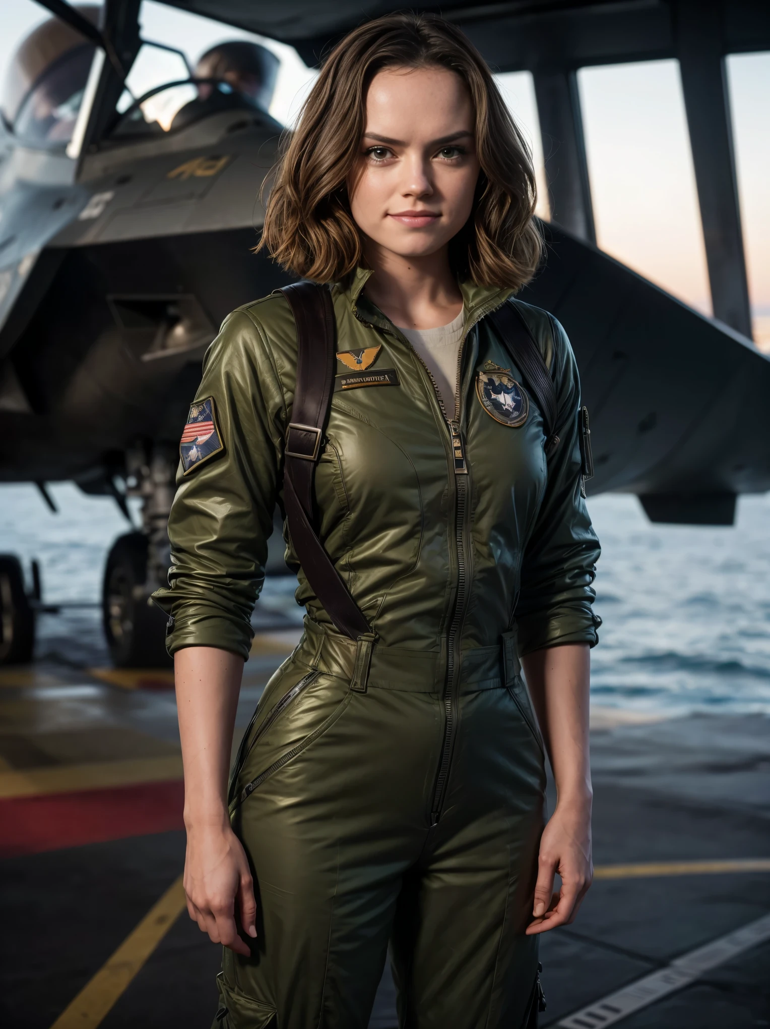 (Daisy Ridley), (best quality, 4k, Altas, master part:1.2),(large breasts:1,perfect round butt, smling),(wavy hair:1.1),ultra-detalhado, (standing),(slight smile), (dark green jumpsuit, wearing aviator sunglasses:1.2, the jacket has an insignia of the United State flag on the jacket shoulder:1.2, standing on the deck of an aircraft carrier, F35 fighter jet in the background on the deck of the aircraft carrier), a figura deve estar deitada na cama de forma sedutora, A figura deve ter belos olhos detalhados, beautiful detailed lips, and extremely detailed eyes and face with long eyelashes. A paleta de cores deve apresentar tons quentes, Enhancing the sensuality of the image. Lighting should be dramatic, highlighting the contours of the figure and creating a sense of depth and mystery