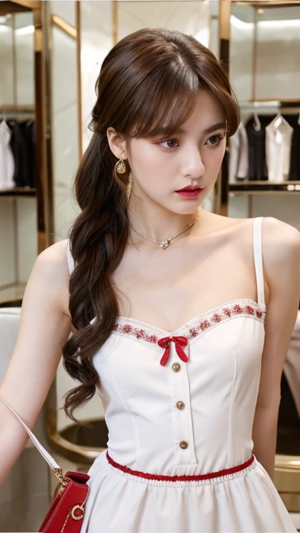 absurdres, RAW photo, extremely delicate and beautiful, masterpiece, Best Quality, ultra high resolution, 32k, hyperrealistic, ultra-detailed, perfect figure, Perfect Style, Perfect balance, in her 20s, very small head, very small face, delicate facial features, tearful mole, earring, very huge breasts, bare legs, full body shot, medium hair, black hair, colored inner hair, casual, blouse, white shirt, buttoned shirt, bare shoulders, collarbone, midriff, navel, shorts, straw hat,