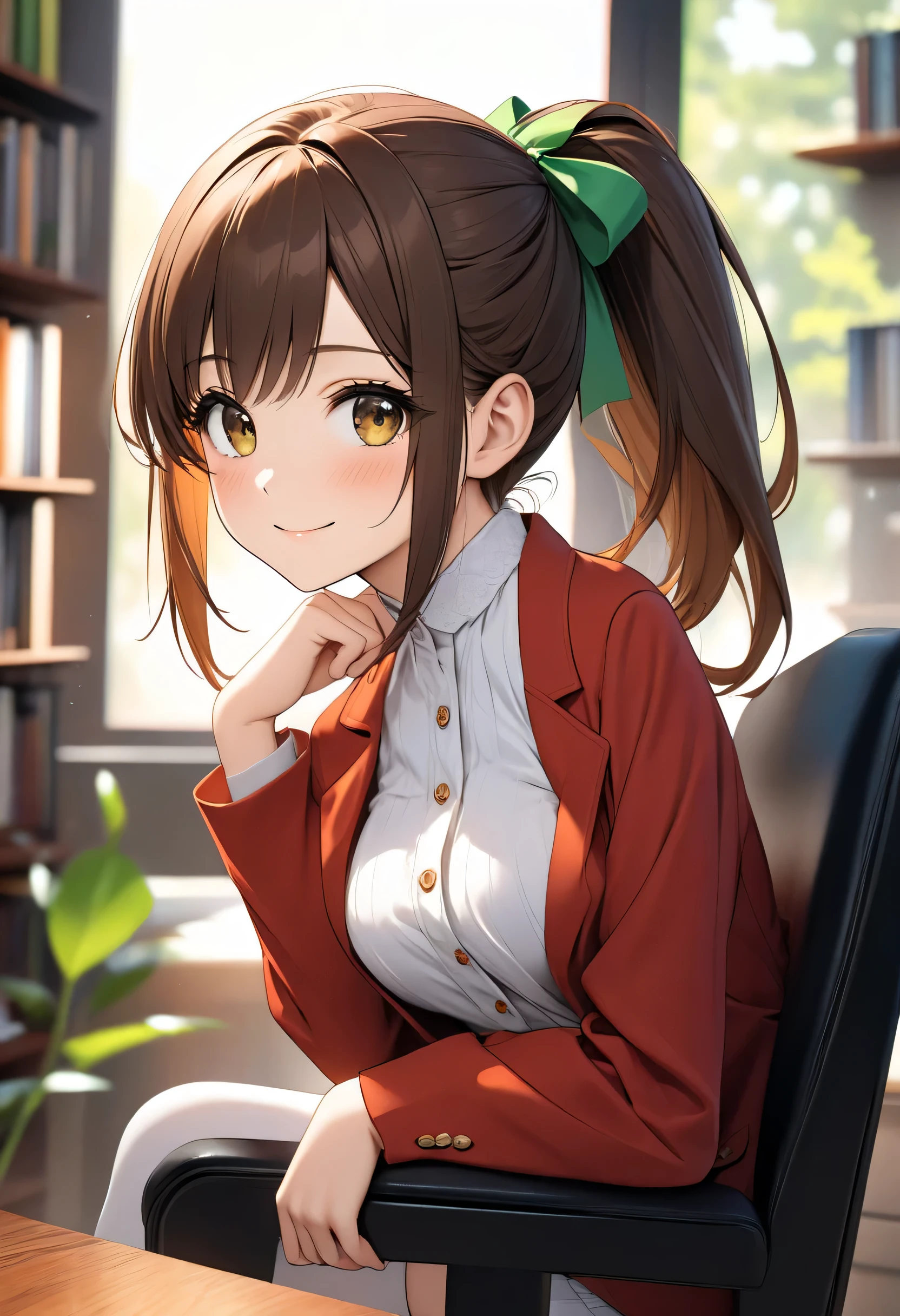 ((Masterpiece, better quality, High resolution, UHD, perfect pixels, depth of field, 4k, RTX, hdr))), 1 girl, single, , alone, beautiful anime girl , beautiful artistic style, anime character style hairstyle, ((little smile, childish gaze, long dark orange straight hair with a ponytail facing backwards, green ribbon)), ( brown eyes, beautiful lashes,), (Detailed view, blush: 1.1), (smooth texture: 0.6, realistic texture: 0.4, photorealistic: 1.1, anime cg style), beautiful medium breasts, (dynamic angle, foreground, looking at the viewer, light profile or side view ), PERFECT BODY, slim body medium height,(Clean fingers, 5 fingers on the hand, five fingers), is sitting in a library cubicle clutched in a chair, the shot of her view is in profile but she turns to the camera with a slight smile, (showed: red blazer with yellow buttons , white school blouse manga, white plank miniskirt and behind there are tall horizontal windows and below bookshelves, fuzzy background image