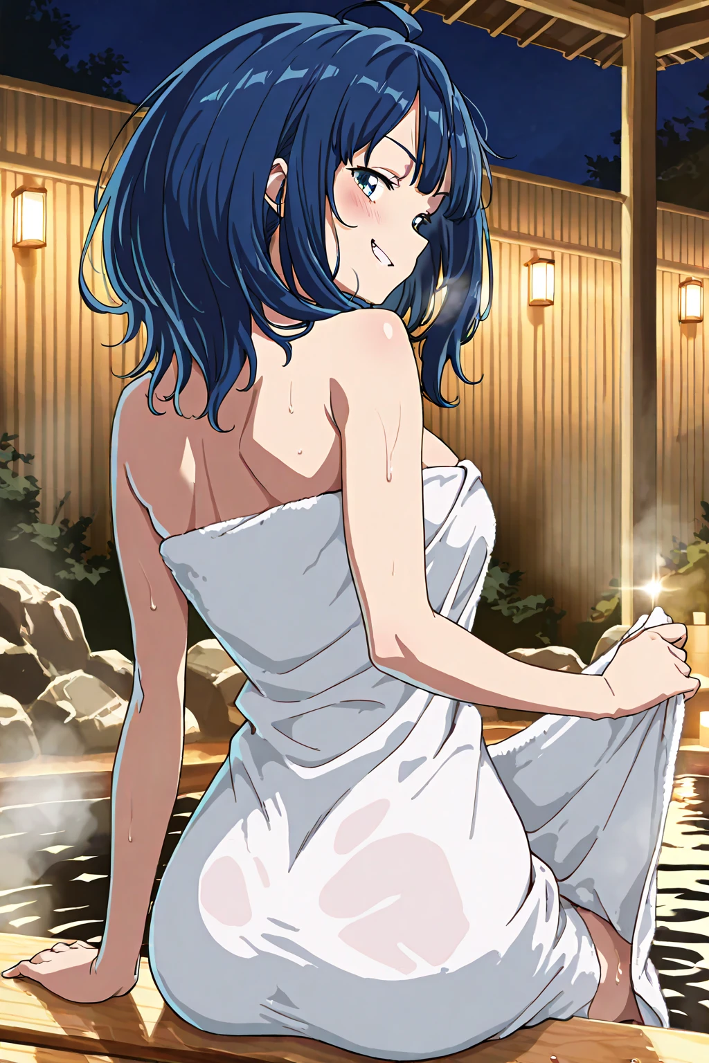 (Best Quality,hight resolution,masutepiece:1.2),Ultra-detailed,(Realistic,Photorealsiticです,Photorealsitic:1.37),Game CG,1girl in, 16yo girl, Blue hair, Straight hair、(Straight hair:1.1), (small tits:1.3), (Wearing a bath towel), Eyes and faces with detailed, Surprised face、I'm blushing, Bewitching look, Soft lighting, Full-body angle, Face washroom、large amount of water droplets、Thighs