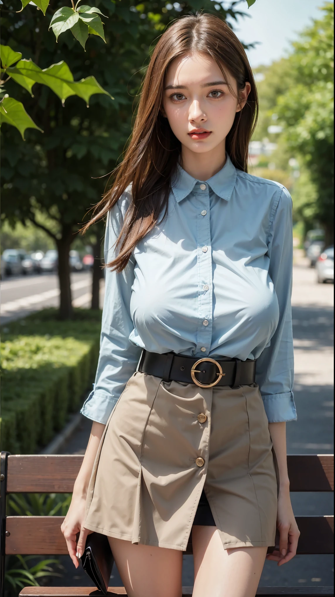 A close up of a woman in a skirt and shirt on a bench - SeaArt AI