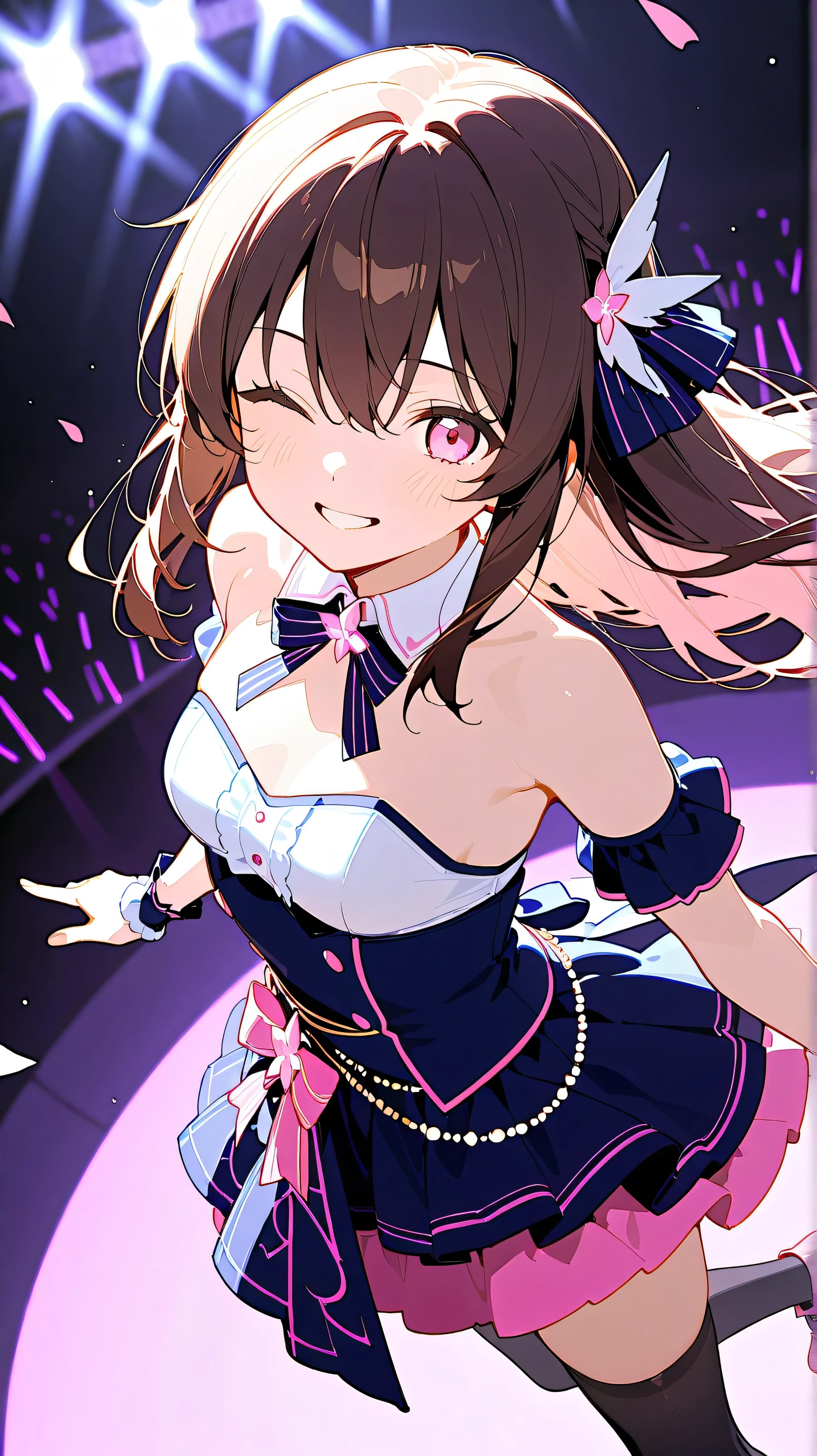 A beautiful girl in a purple dress holding a stick on a skating rink, anime girl, purple skating dress, (Figure skating purple dress costume woman), Slender Line, Looks like a model, Skating Rink, Photo 1 seen from below:1, pink panties, short white gloves, white stockings, big rounds breasts, dark brown hair, long bangs, long hair, ponytail, wavy hair, shiny hair, french braid, magenta hair ribbon, hair butterfly, jewelry, aqua eyes, glowing eyes, pupils sparkling, earrings, smile, blush, red lips, glossy lips, upper teeth, high detail, anime, anime style, cinematic lighting, dithering, image fill, character chart, multiple views, cinematic lighting, vanishing point, perspective, panorama, Wide-Angle, f/1.8, 85mm, Nikon, 8k, super detail, UHD, retina, masterpiece, accurate, anatomically correct, textured skin, high details, best quality, highres, 16k