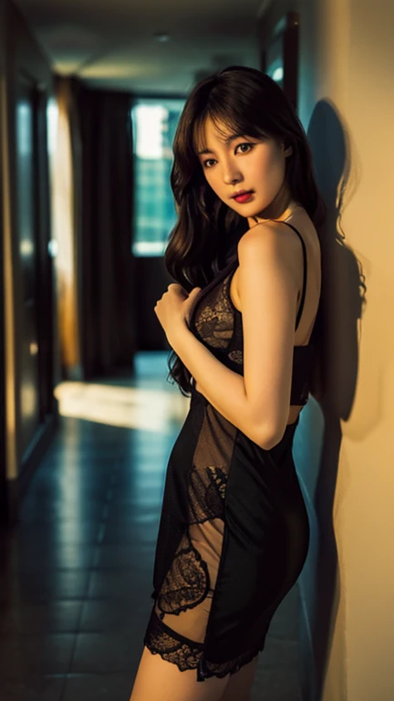 big, single girl, fair skin, model, big night view, indoors, seduction, underwear, sexy pose, turning, ass