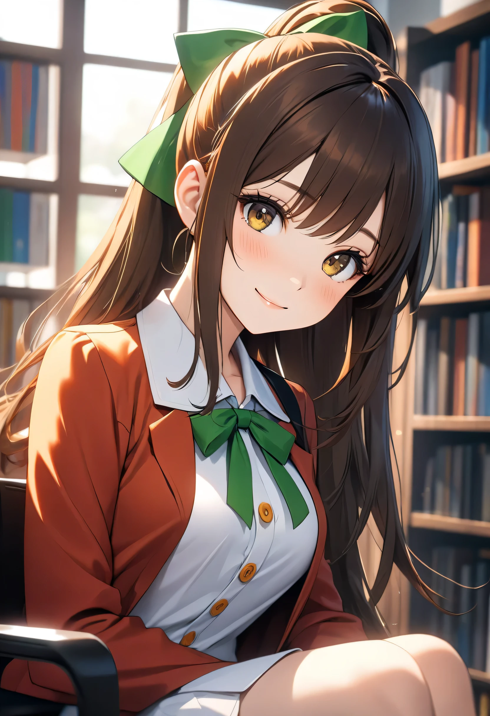 ((Masterpiece, better quality, High resolution, UHD, perfect pixels, depth of field, 4k, RTX, hdr))), 1 girl, single, , alone, beautiful anime girl , beautiful artistic style, anime character style hairstyle, ((little smile, childish gaze, long dark orange straight hair with a ponytail facing backwards, green ribbon)), ( brown eyes, beautiful lashes,), (Detailed view, blush: 1.1), (smooth texture: 0.6, realistic texture: 0.4, photorealistic: 1.1, anime cg style), beautiful medium breasts, (dynamic angle, foreground, looking at the viewer, light profile or side view ), PERFECT BODY, slim body medium height,(Clean fingers, 5 fingers on the hand, five fingers), is sitting in a library cubicle clutched in a chair, the shot of her view is in profile but she turns to the camera with a slight smile, (showed: red blazer with yellow buttons , white school blouse manga, white plank miniskirt and behind there are tall horizontal windows and below bookshelves, fuzzy background image