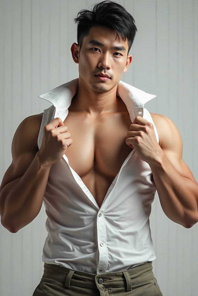 a muscular Asian man aged 25, face looks like an Indonesian artist, dashing and cool, wearing a white suit, chest visible, wearing black pants, ((in a wonderland)), pose model, photo model, very high quality, resolution very high,