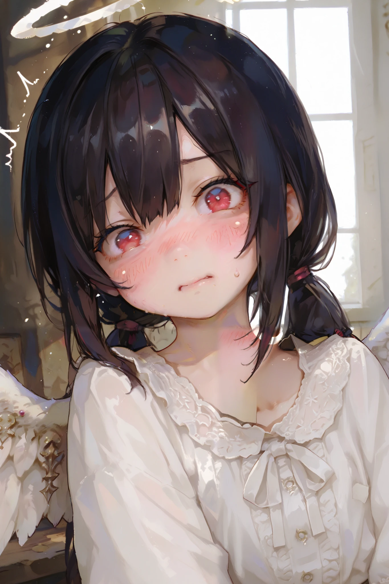 masterpiece, best quality, Detailed Eyes, girl, fantasy, kawaii, tsundere, red eye, low twintail black hair, young face, clumsy, cute face, semi realistic, 8k, white blouse, embarrassed, surprised, naughty, white angel wings, white halo, solo charactor, looking at viewer