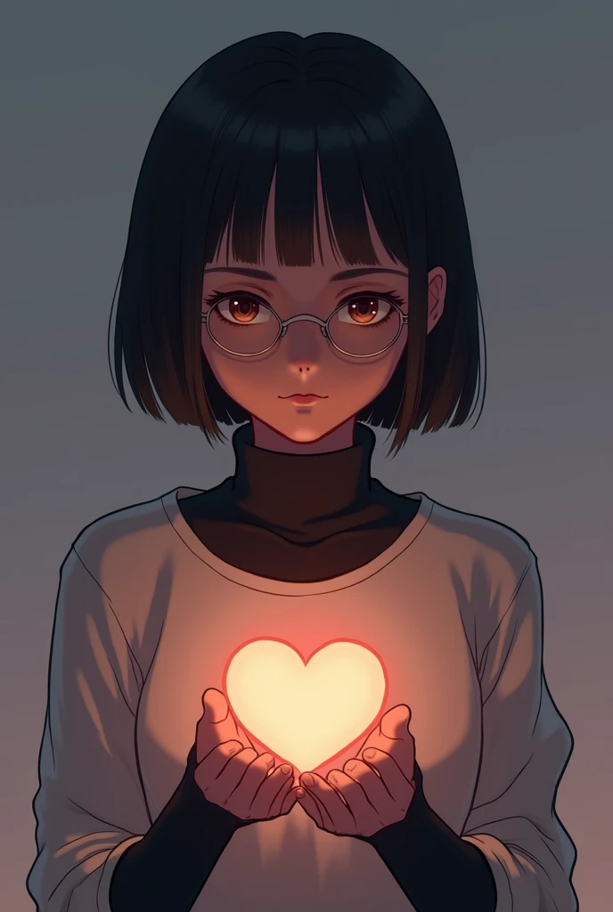 (photorealism:1.2) Girl with short hair,chestnut, glasses, pulling out his heart full of blood, showing that in this way he is giving his love, anime, dark illustration, masochism