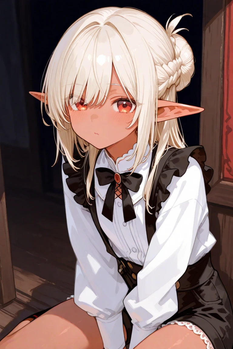 indifferent expression, difficult pose, elf girl, straight blonde hair, red eye, white striped shirt, black bow tie, <lora:000009:0.4>