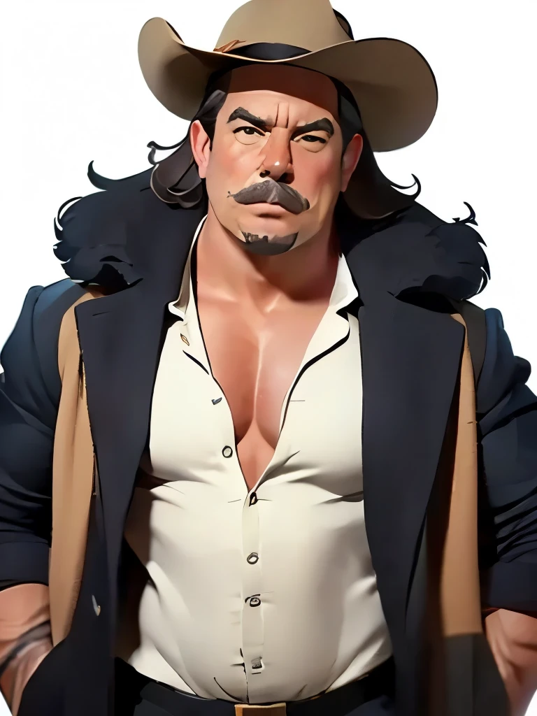 Muscular cowboy man, manly, bearded, very hairy, sexy cold stare, with cowboy hat, big pecs, bigger chest, sexy body, big legs, big biceps, big arms, shirtless, sweaty, hot, horny, very horny, erotic,
