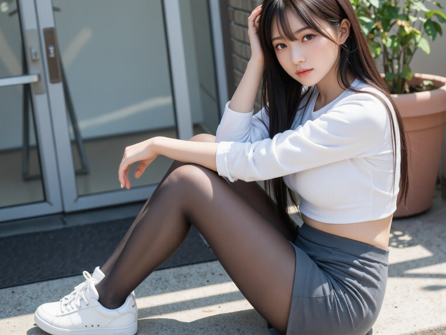 8K, Ultra-high resolution, Highest quality, masterpiece, 三分割法によるphotograph,Surreal, photograph, 1 Girl, (:1.3), pretty girl, Cute face, Beautiful eyes in every detail, 細かくdetailedに,masterpiece,One Girl:1.2, Japan Female Announcer,whole body,from below,Fearful expression,Black Hair,Messy hair,Cyber city of the near future,Wearing a cardigan sweater on your back、A girl sitting cross-legged in the middle of the road,Facing forward, Plaid pencil skirt, High socks and black shoes,Beautiful leg line beauty,Realistic Skin, Perfect and beautiful face ,完璧でCute face, Skin with attention to detail, Perfect limbs、Narrow waist、Thin legs),Looking at the audience、beauty,Long neck、(((Ideal body type))),A cup small breasts :2,Portraiture:2,Perfect Anatomy,鮮明なdetailed,detailed,Surreal,Light and shadow,darkness