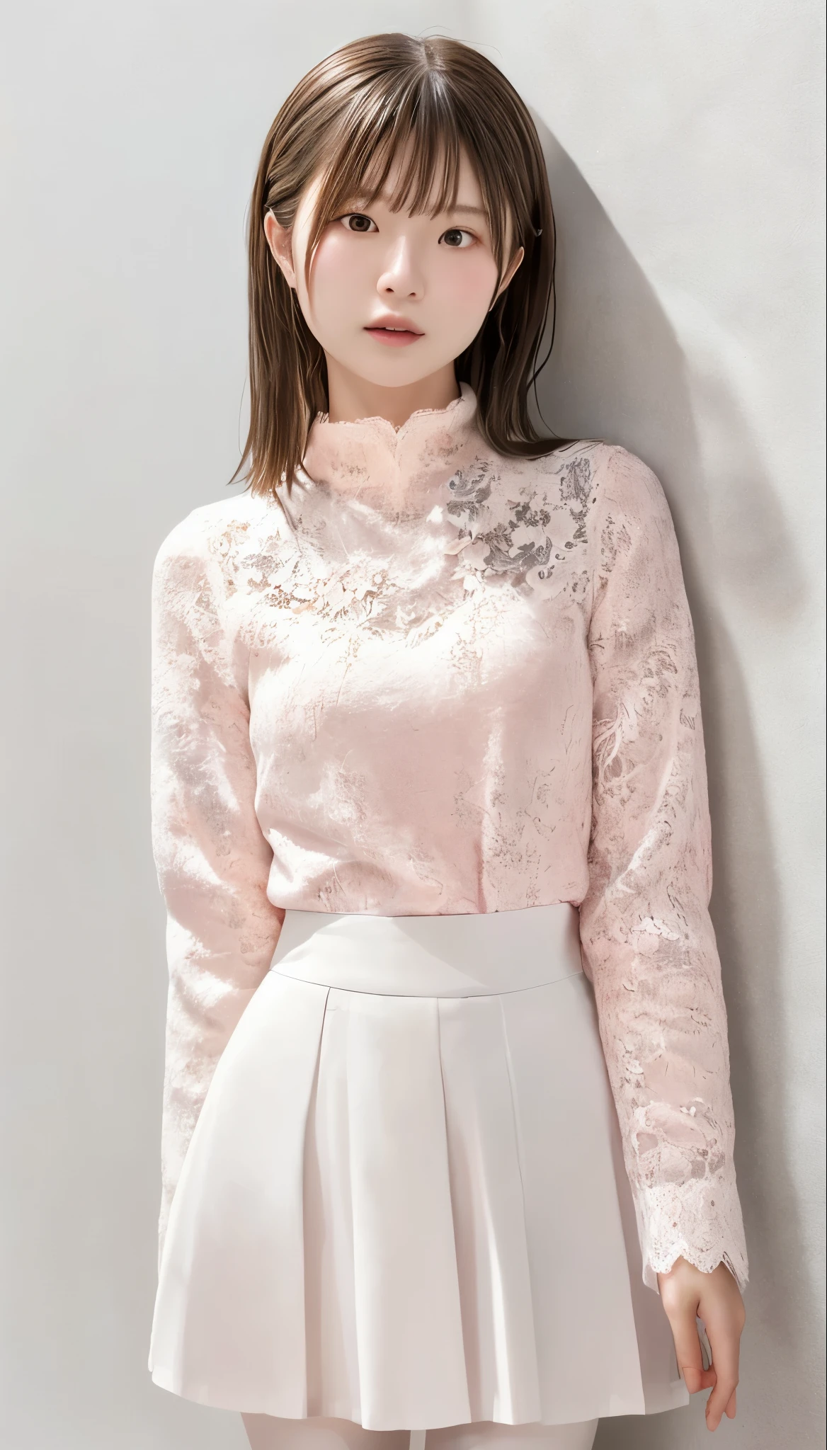 ((top-quality、8K、masterpiece:1.3))、Marble background、FULL BODYSHOT、女の子1人、Beautiful woman with slender abs:1.3、(long curly hair、爆乳:1.2)、Long Sleeve Pink Lace High Neck Shirt:1.1、hyperdetailed face、A detailed eye、Double eyelid hands on face、Korean Beauties、Japan beauties、Spanish beauties、Pink lace skirt、beautiful and long legs、high-heels