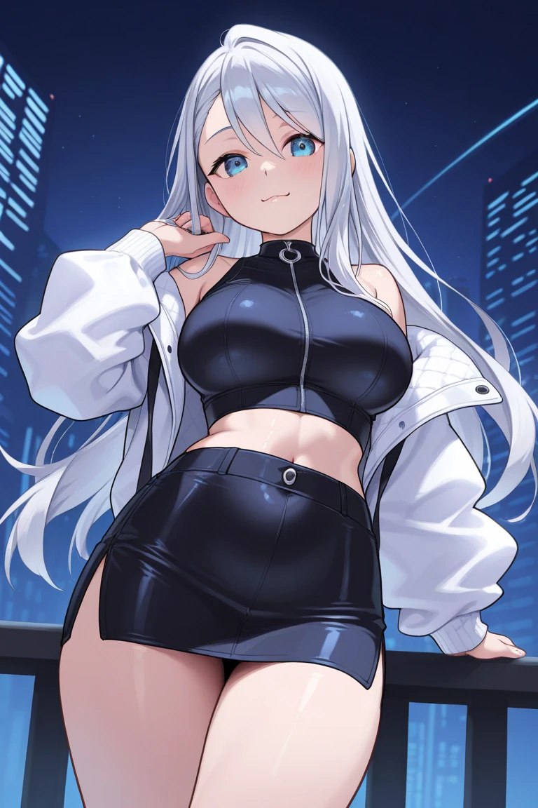 A woman with silver hair, faint blue eyes, wearing a black race queen uniform, big breasts, on a race track, smile, race flag, ultra resolution, very detailed, masterpiece, perfect quality, 4k hd
