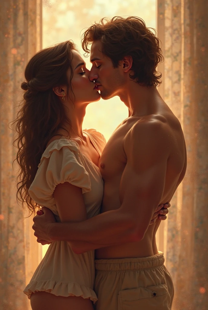 fantasy couple, Young brown haired man wearing a suspenders shirtless sleeping on a woman's thighs in a castle