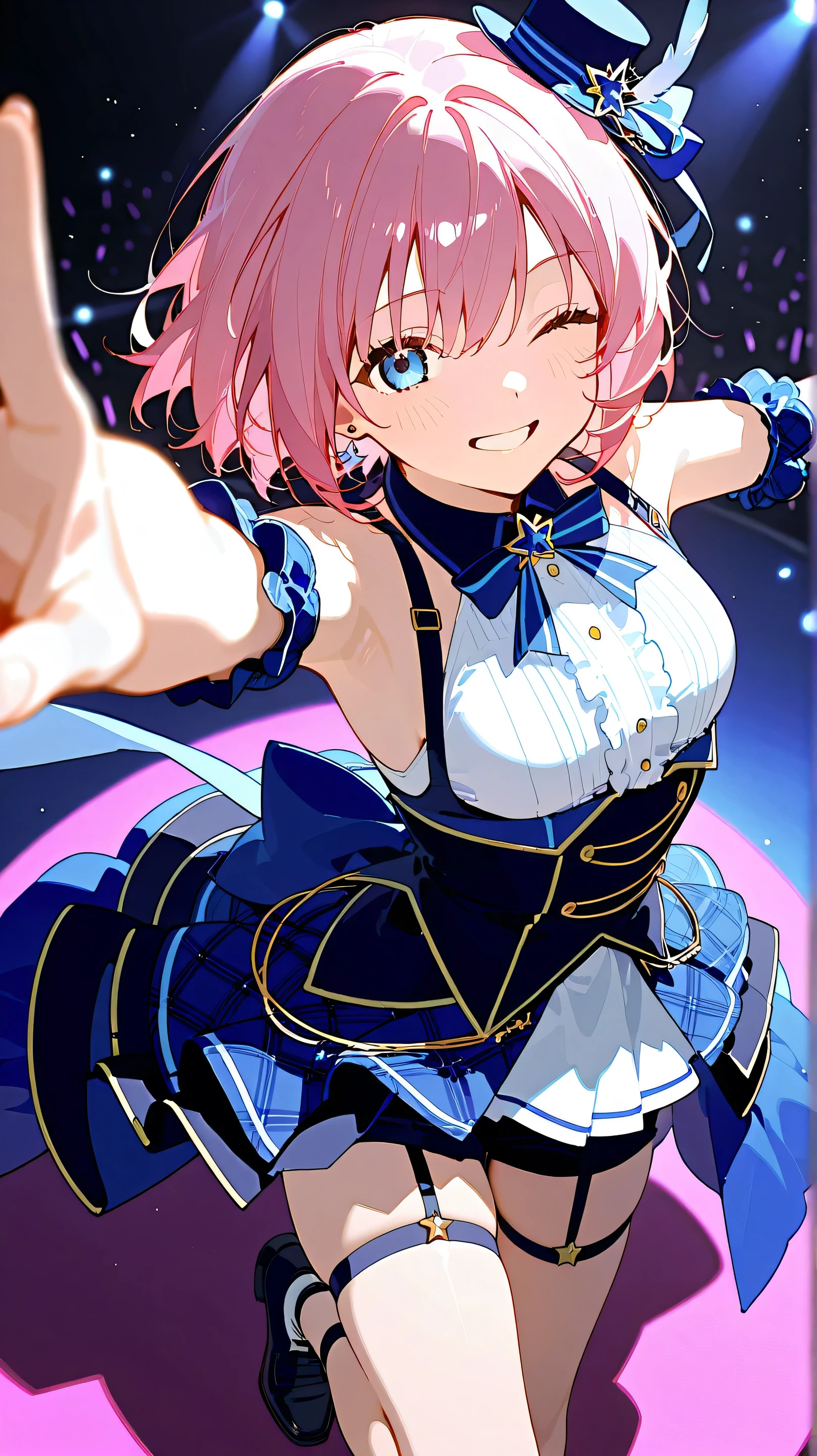 score_9, score_8_up, score_7_up, score_6_up, score_5_up, (masterpiece, BEST QUALITY), Super Detail,, masterpiece, BEST QUALITY, high resolution, 1 girl, medium , Clothed idol costume、 stage, Bob's Dark Pink Hair,Dark Blue Eyes、 eyes are shining、 smile, from above, Video Viewer ,winking、  A mouth that opens wide to the side, Cheerfully Peace Facing Here、A lively idol