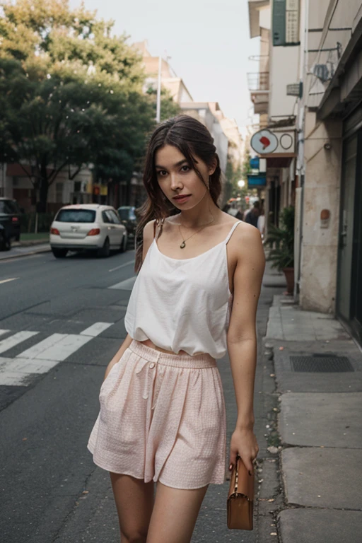 Design an image of a young woman in pink lace underwear and a gray cardigan, standing on a city street. Her long straight hair and serious look should be highlighted, with an urban background including buildings and street signs.
