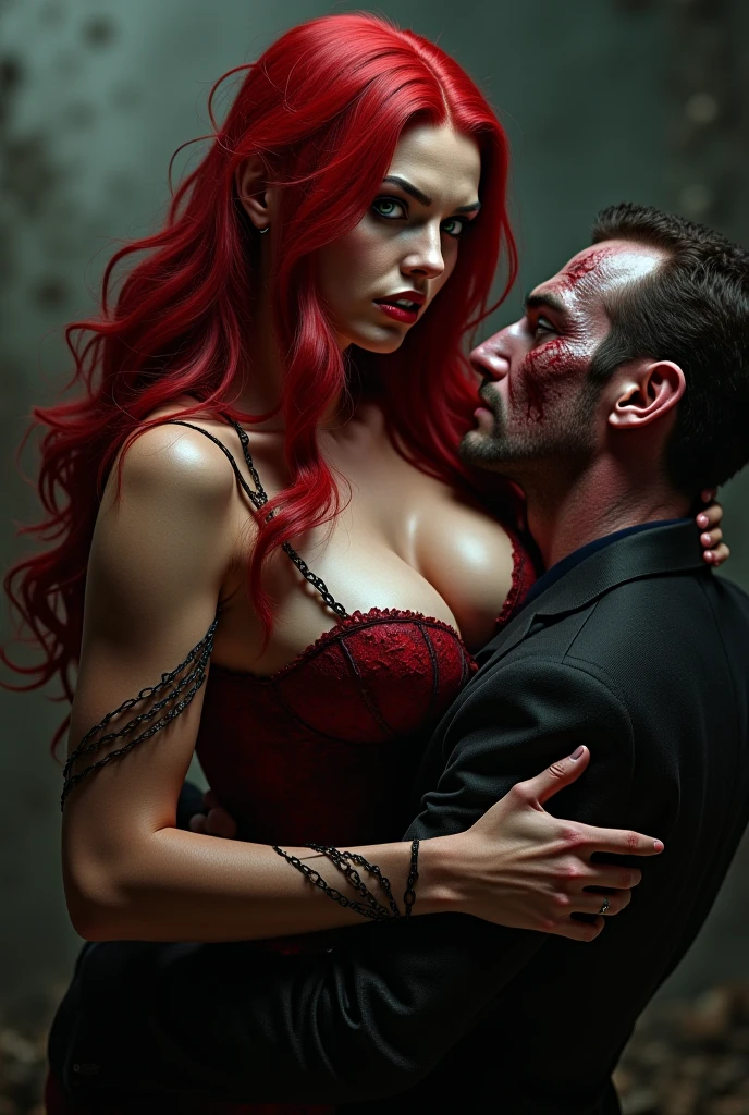 The man with glowing blue eyes stab a hot sexy girl chest in red mini dress blood coming out
She feel in man hands
