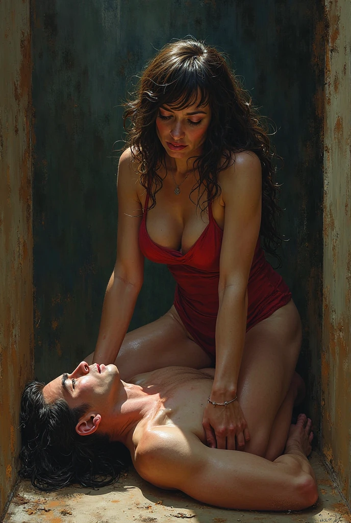 The man in his 45s with black very short hair and smooth face with moustache. The woman in her 45s with brown wavy long hair. They are naked. Night, dark, dim. The woman is leaning against the wall. The man is standing and holding the woman in his arms. Lap sex. They are screaming. Orgasm. Passion. Erotic. Realistic. Ulrta realistic.