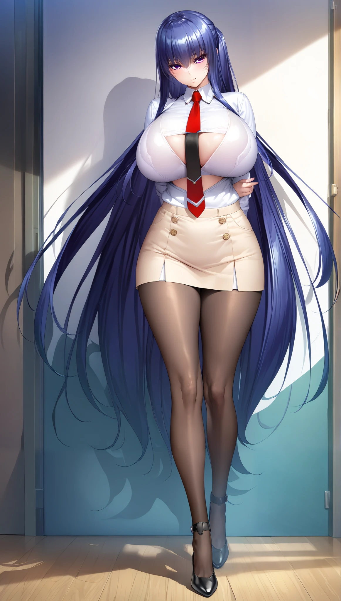 8K, drawn, masterpiece, high quality, highres, best quality, highres, 1girl, disheveled hair, illustration, focus on face, simple background, long hair, stockings, black hair, hair between eyes, calm, long bangs, long tied hair, ribbon in hair, crimson red eyes, large breasts, very long hair, breasts, perfect face, perfect legs, pleated skirt, full lips, add_detail:-3