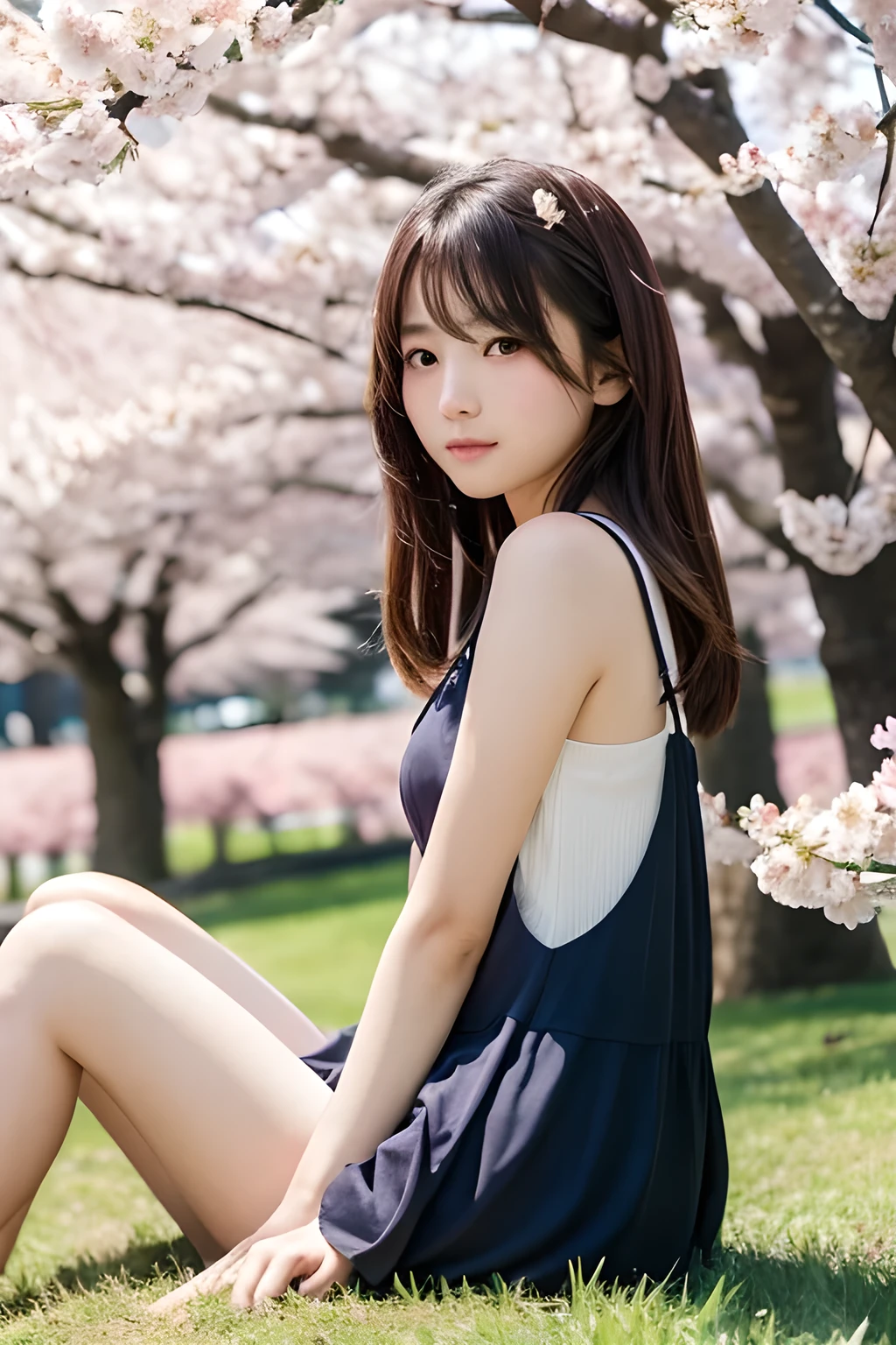 (masterpiece、High level image quality、high quality)、(beautiful realistic japanese woman:1.5、model)、beauty、masterpiece、(Model body type,beautiful breasts、seductive hips)、Stylish clothing、beautiful limbs、ground、spring、cherry blossoms、like、clear、