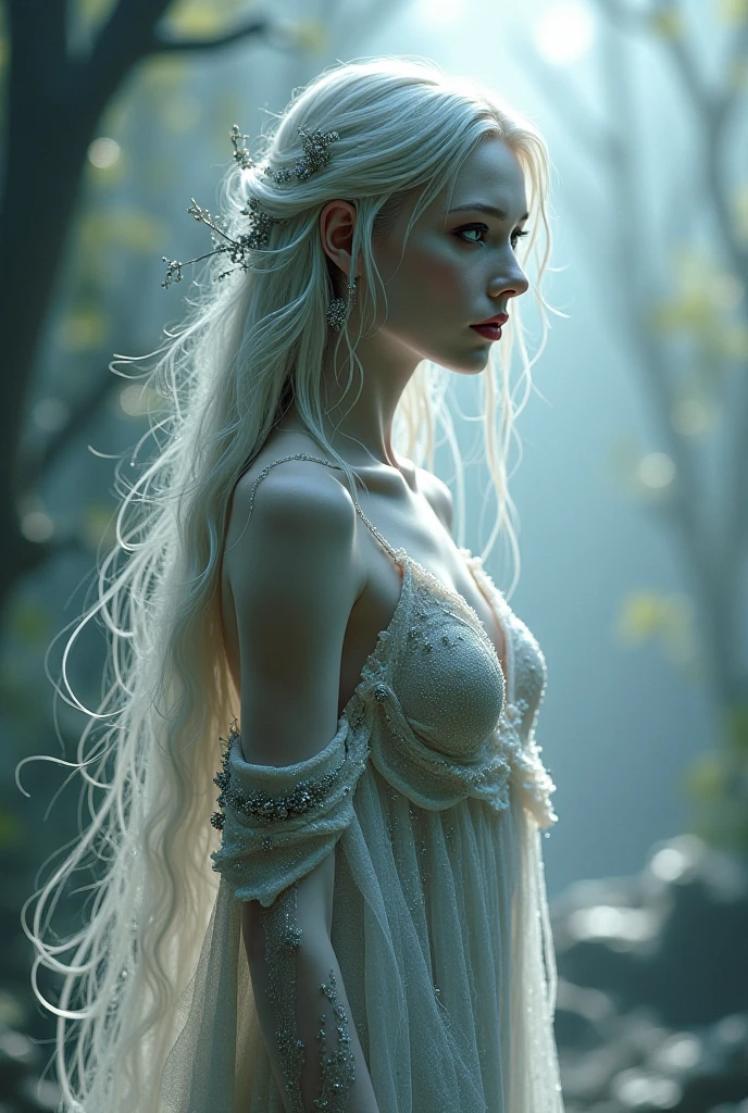 (masterpiece), In a mysterious and enchanting kingdom, a cloudy fog envelops the scene, as if hiding something deep. por alex1shved Amidst this fog, a figure emerges, A beautiful young fairy with flowing silver hair and eyes that shine with an otherworldly luminosity.. The image captures her delicate but powerful presence., its ethereal beauty contrasting with the darkness that surrounds it. The misty atmosphere adds to the enigmatic and dreamlike quality of the artwork., giving it an almost surreal feeling. The painting, skillfully executed, Showcases intricate details and vibrant colors that bring the scene to life. It invites us to enter the fascinating world of this anime., where memories are wrapped in layers of uncertainty, waiting to be unraveled. por alex1shved, Thin and thin body, 16k, ultrarealistic, ultra high resolution.photorealistic, HD