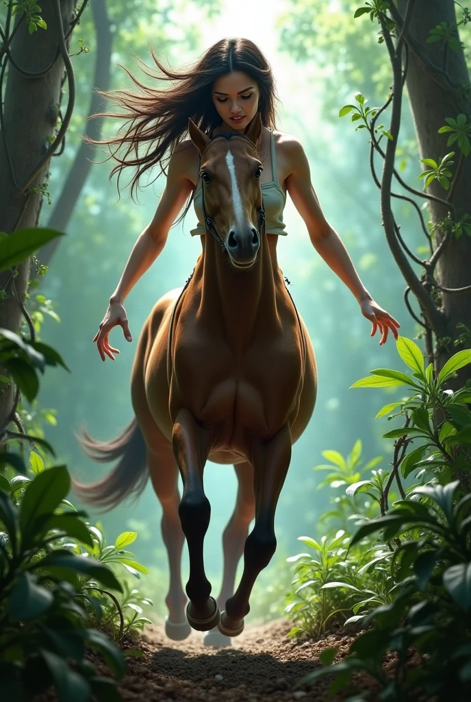 1girl, centaur, detailed eyes, detailed lips, beautiful hair, graceful pose, mythical creature, human and horse hybrid, fantasy setting, magical forest, dappled sunlight, flowing mane, muscular body, strong legs, equine characteristics, ethereal beauty, majestic, enchanting, vibrant colors, photorealistic, oil painting effect, masterful brushstrokes, high quality, 4k resolution.