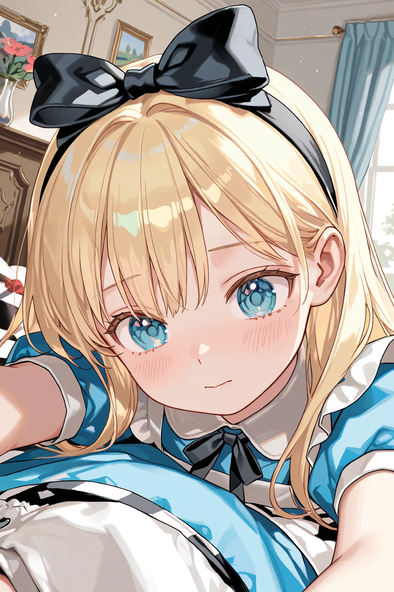 Anime girl with blonde hair and blue eyes in a blue dress - SeaArt AI