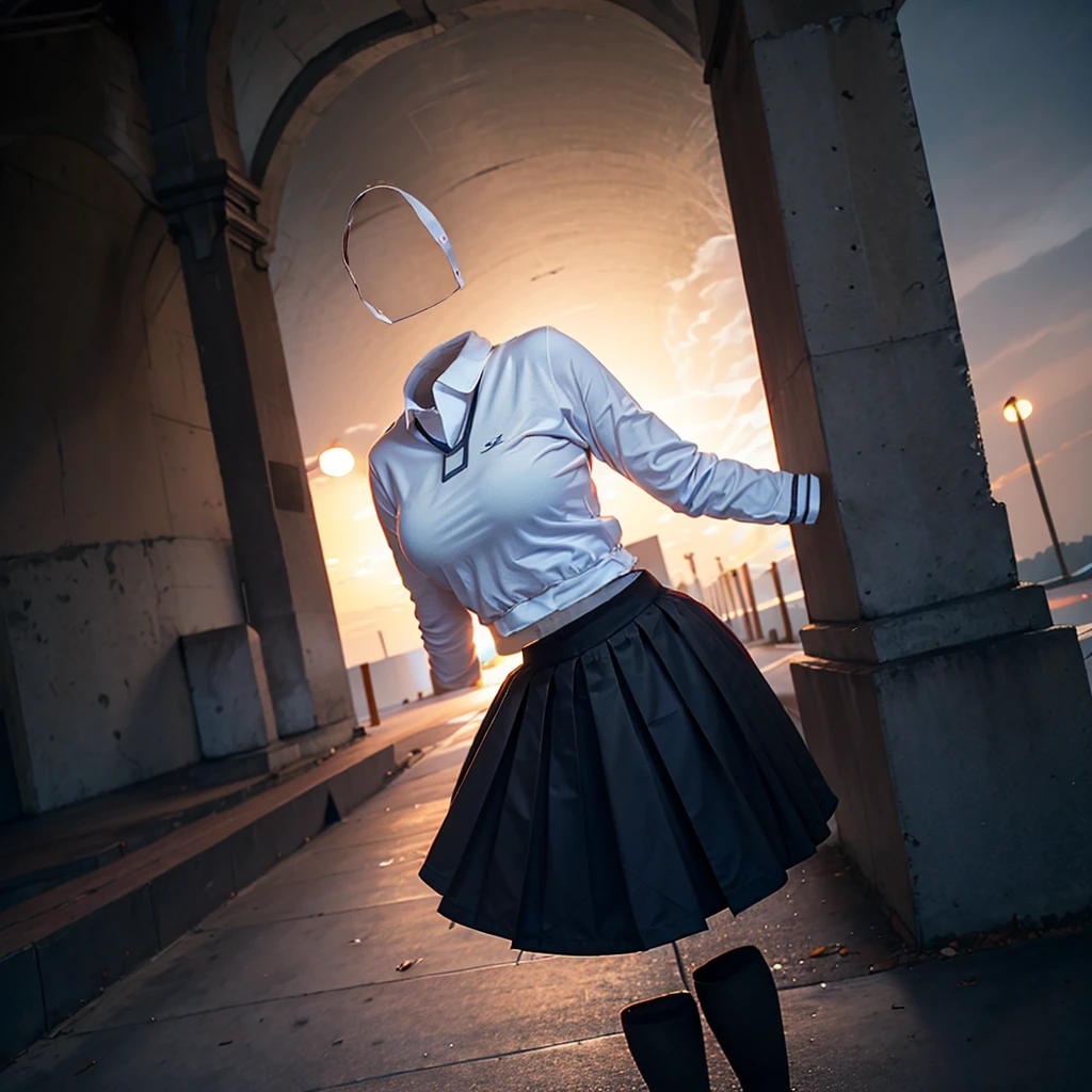 (invisible, no humans, headless, faceless:1.5), leaning forward, school skirt, black tights, fat, chubby, cute big breast, school polo shirt, (8k, RAW photo, best quality, masterpiece:1.2), (realistic, photo-realistic:1.37), photon mapping, radiosity, ((Hasselblad photography)), physically-based rendering