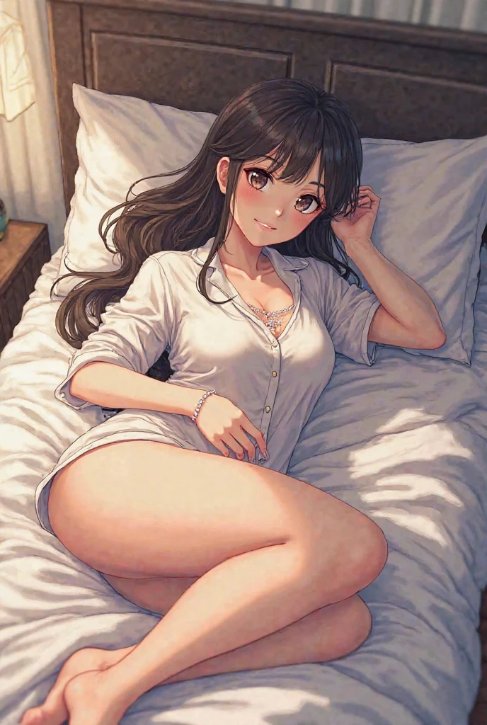 Face :9,3157126699], A realistic high school girl wearing an extremely thin white shirt lying on a bed, Wearing small panties、Shirt, panty, and pantyhose, (Ultra-realistic pantyhose:1.3), Japanese Ido、Popular idol、Laughter、RAW Photos, (In 8K、Highest quality、masterpiece:1.2)、(Intricate details:1.4)、(Photorealistic:1.4)、Octane Rendering、Complex 3D rendering with ultra-detail, Studio Soft Light, Rim Light, Vivid details, Super Detail, Realistic skin texture, Detailed aspect, Beautiful details in the eyes, Highly detailed CG Unity 16k wallpaper, Makeup, (Detailed Background:1.2),　Glowing Skin、Exposed thighs!!!、
