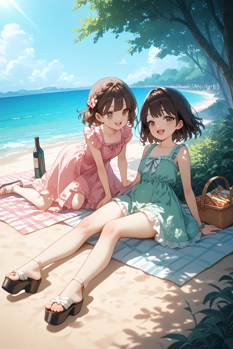 High resolution: 1.7, incredibly ridiculous, cute: 1, cute: 1.5, hires.fix: 1.5, anime visuals: 1, incredibly fine illustrations, crystal clear white skin, sensual, full-body, two girls, junior high school student, (((14 years old)), cut watermelon eaten by each other with open mouths, beautiful brown hair, sitting on a bench and eating side by side, one child has black hair, Gentle eyes, twin tails, braids, smiling and delicious, low angle, eating watermelon with watermelon split on the beach, cute swimsuit, bare feet