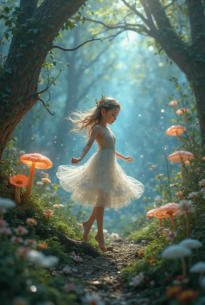 Imagine, (Three Lolitas: 2) Stable diffusion is the best image quality, Morning Sunshine, Spring scenery, Dew and flowers, Flying hair, Live in a fantasy world of mushrooms and fairy tales, trip, running, and laugh. Forest trail