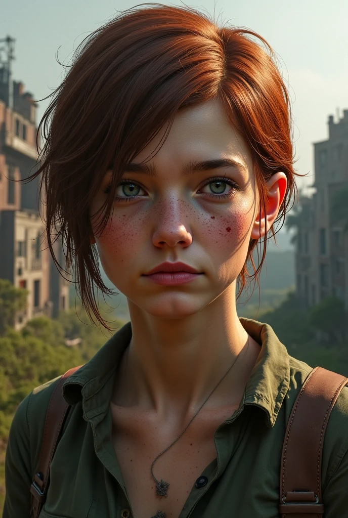 design de capa de livro, 2d illustration, Arte centralizada, fundo cidade destruida, olhos azuis, olho azul, rosto de EllieThe Last Of Us Game, cores goticas, climate of tension and terror, Adobe Illustration, trending on ArtStation, 8k, disco Rigido, obra-prima, magnificent art, detalhes intrincados, -