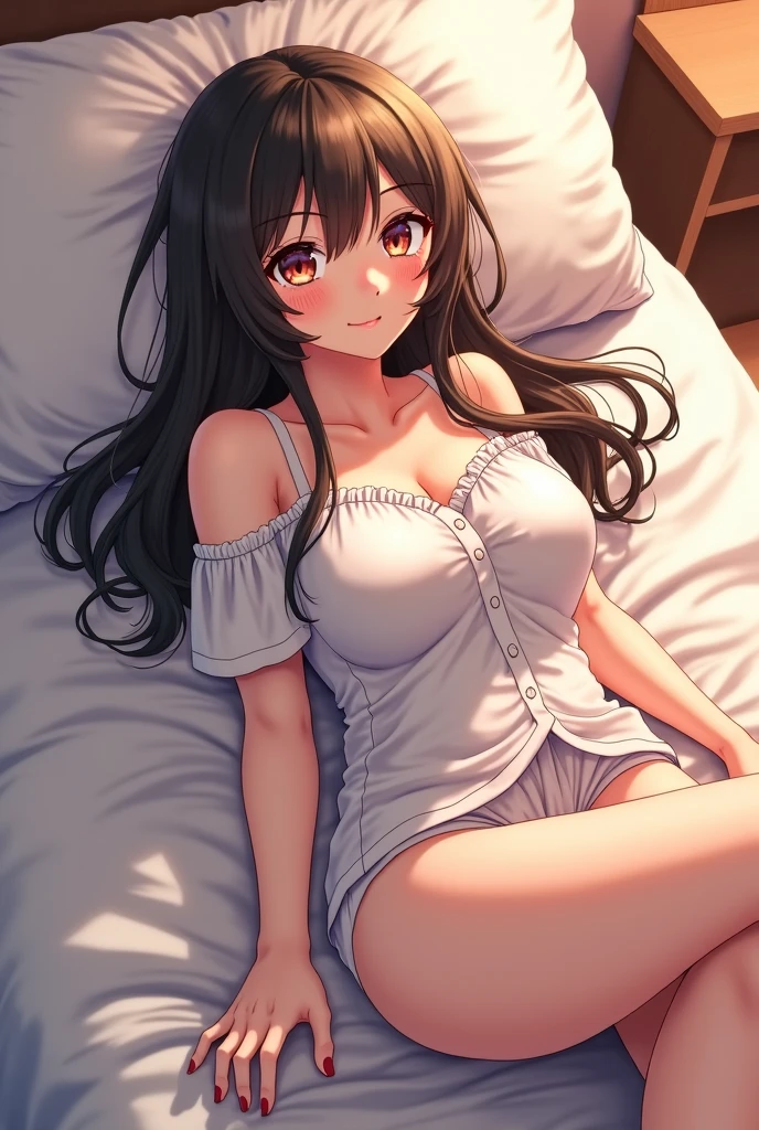 Create Hinata with big tits naked on a bed with her legs open