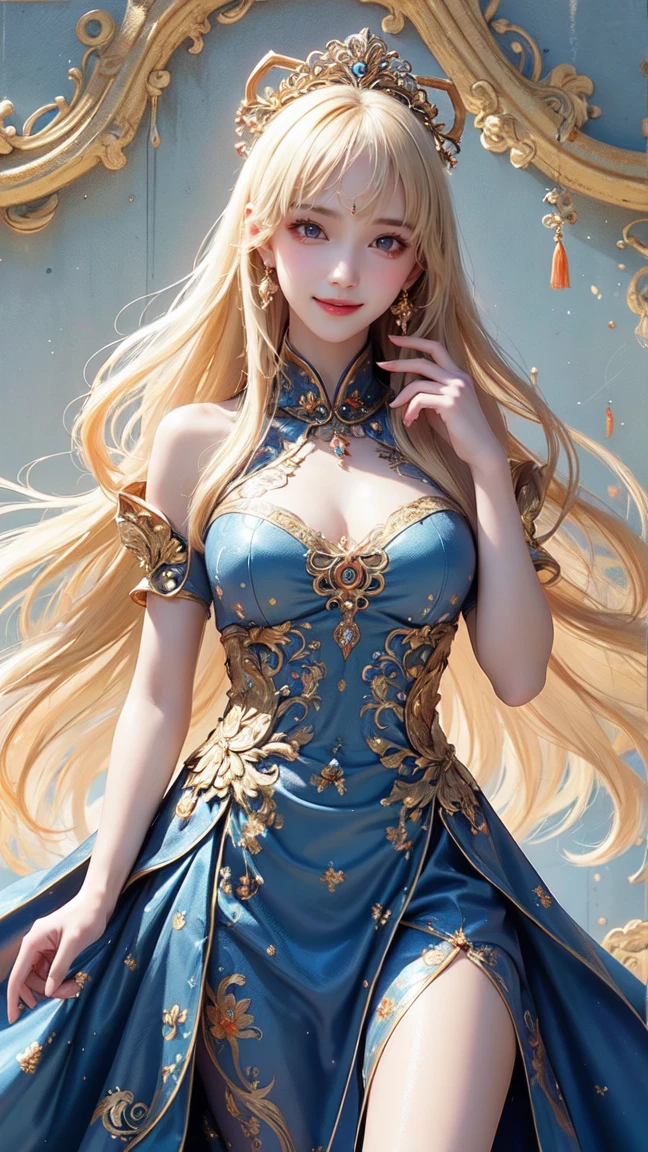 (Background::a picture of a castle on top of a hill, high fantasy castle, intricate fantasy painting, hd anime cityscape, anime fantasy artwork, fantasy capital city, beautiful detailed fantasy, detailed key anime art, detailed anime art, from arknights, detailed city background, fantasy city, range murata yoshitaka amano, fantasy architecture, medeival fantasy town) a woman with long hair wearing a colorful top, sfw huge breasts, trending on bbwchan, hyper realistic background, buxom, big breasts!!, big breasts, big breasts!,really large bust, big bust, covered sfw huge breasts, skintight rainbow body suit, bubbles, realistic proportions sfw, Full body view, popular on instagram, the wind moves her shirt , smiley face, cleavage, smile on face