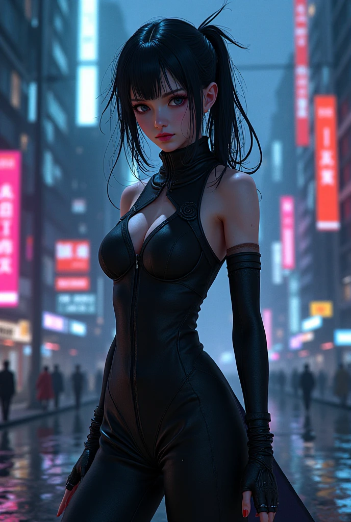 Full body asian cyber girl with a ponytail. black hair and blue eyes. Clothing like cat woman.tight-fitting clothes