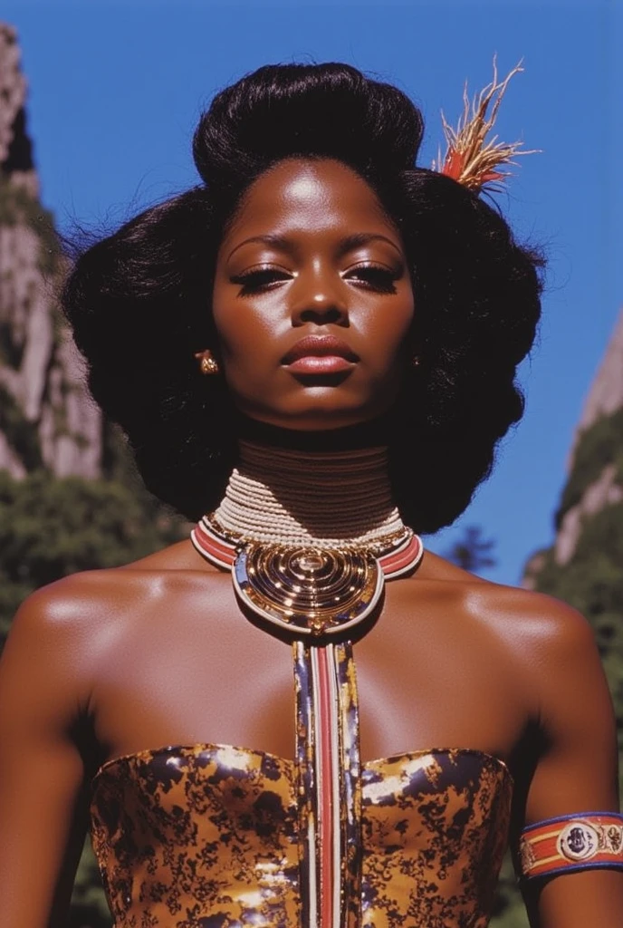 Araffe woman, is a great metal chain, Grace Jones fashion, Grace Jones, avant garde supermodel, avant garde fashion model, wearing a dress made of analog negative films, of a selk'nam futurist woman, demobaza, afrofuturism style, african domme lover, wangechi mutu, afrofuturist, adut akech, supermodel, 1970s, disco era, 35mm, film grain --auto --s2