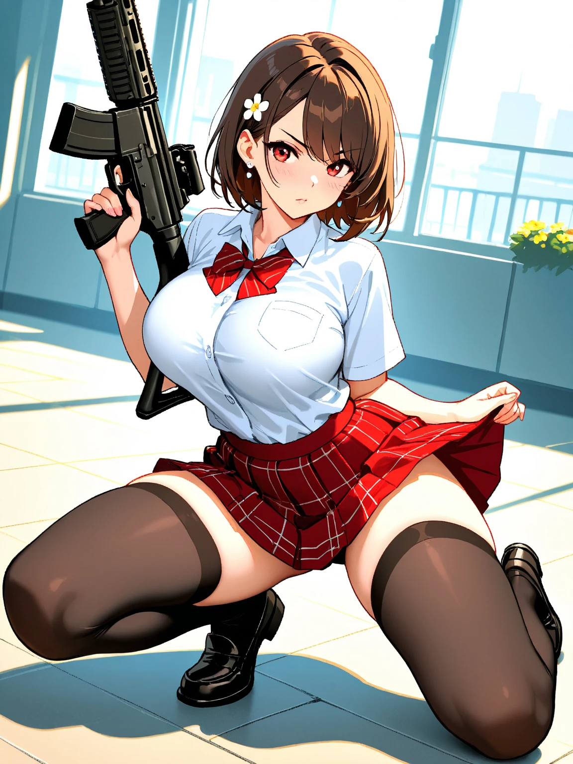Girl with a Japan sword、Round, black eyes、Bloody short-sleeved shirt、A girl covered in blood after being splashed with blood. She lifts her skirt with both hands.、Showing off cute white underwear.、Black garter belt、Black rough fishnet stockings、A plain white shirt with short sleeves and a red tie、Standing posture、Abandoned Factory