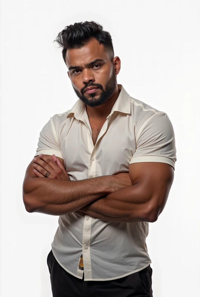 1boy, Egyptian, solo, facial hair,34 yrs old, dom, male focus, bara, muscular, mature male, muscular male, beard, short hair, thick eyebrows, brown-skinned male, thighs, fancy suit, dark skin, tie, tight white shirt, tight pants, open jacket, black business suit, doctor uniform, feet out of frame, thick thighs, looking at viewer, masterpiece, 4k, high quality, highres, absurdres,