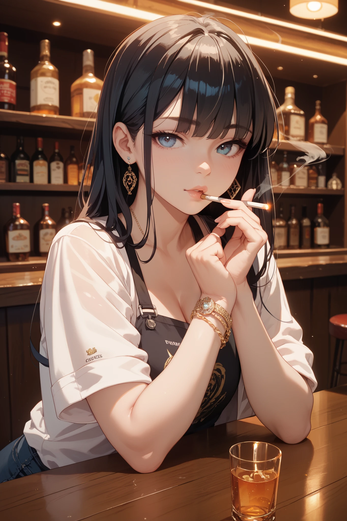 Anime girl with black hair sitting at a bar with a glass of whiskey ...