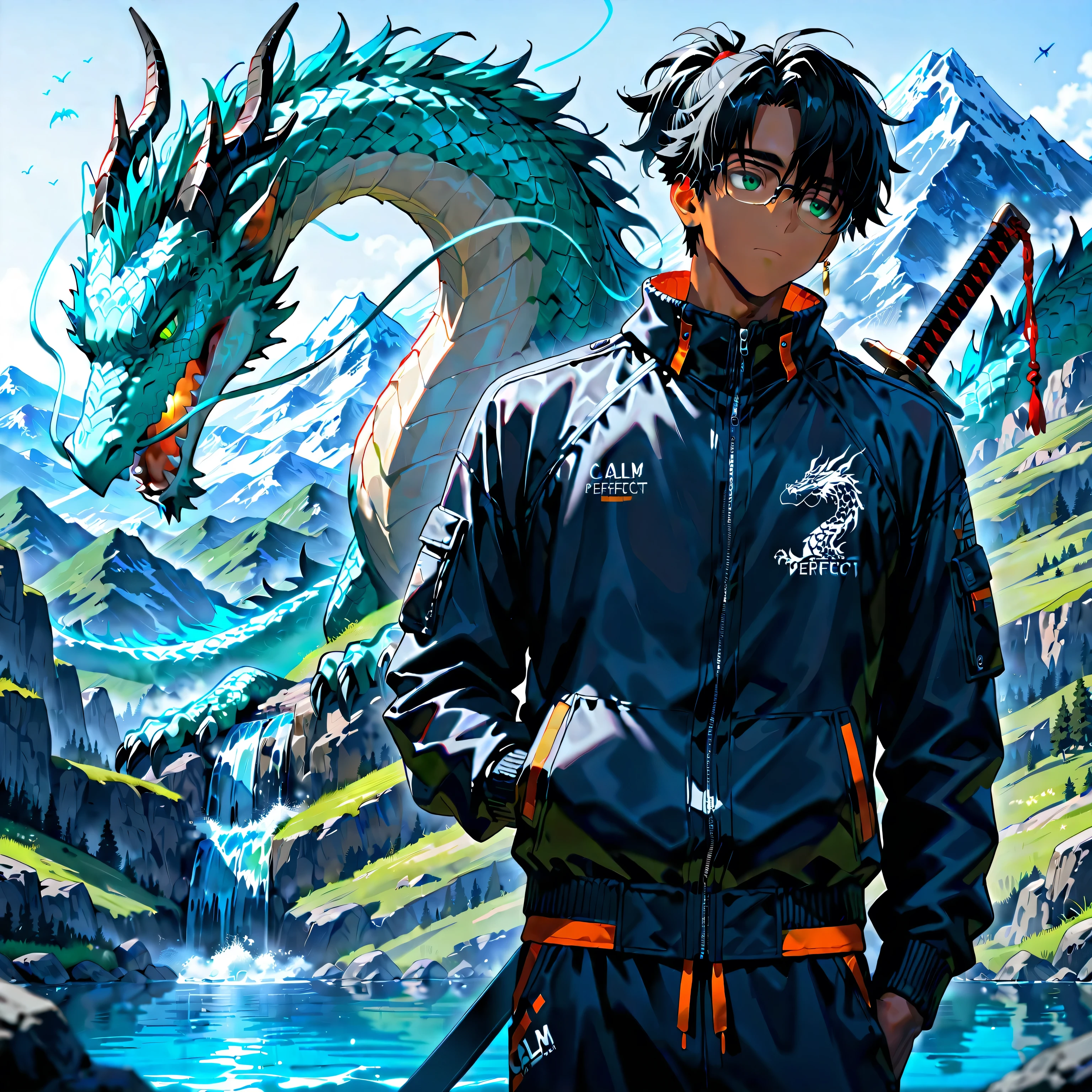 ((Highest quality)), ((masterpiece, detailed, official, High resolution)), ((Perfect Face, detailed eyes,)), ((masterpiece, best quality, ung adult, male focus, masculine, solo, closed mouth, muscle, sword behind back,)) (short length hair, black hair, top knot hair, ponytail, green eyes, calm expression, perfect eyes, male face, perfect face, black techwear jacket, dragon design, black sweatpants, black jordans, gold earring, glasses, standing still, on top of dragon, facing viewer, dark skin tone,) ((mountain top background, sleeping dragon, water, detailed background))