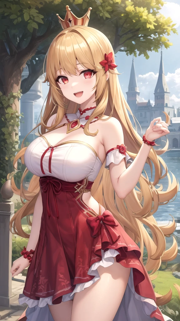 (Delicate hand-drawn painting) (Balcony at night) ((Huge breasts, Big Breasts,  3.5)) Alluring cleavage (Mature 2.5) (Flandre Scarlet 3.5) (Frappai 1.5) (Crimson Eyes 1.5) Grown body (Gentle) Blonde long hair dress long skirt smiling
