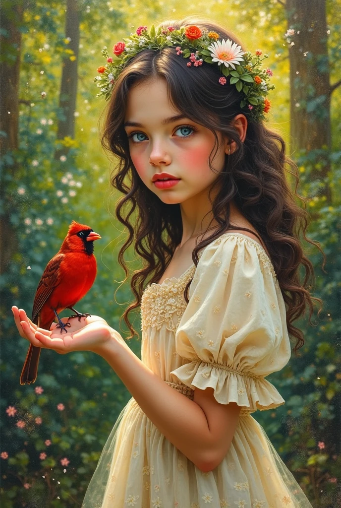 A girl plays with a crow at a table in a dark 19th century style room and pomegranates are scattered on the table.