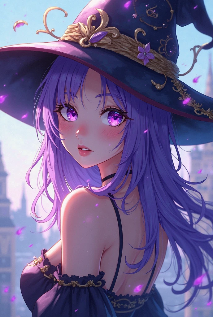 a beautiful girl, perfect face, arms at sides, masterpiece, ultra high res, high quality, 4k, upper body:1.5, lisa (genshin impact), urple witch hat, green eyes, brown hair, (PureErosFace_V1:0.008), (european:1.6), bangs, dress, rose, jewelry, witch, capelet, purple headwear, black gloves, purple flower, hair between eyes, purple rose, parted lips, purple capelet, hat flower, multicolored dress, hair ornament, windmill, from side,