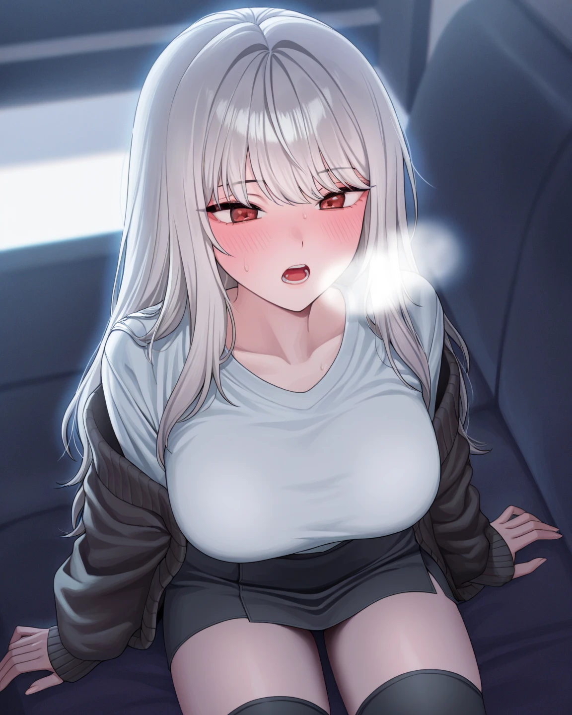 Girl, solo, Full Body, sitted, spread legs, Long hair, white hair, Yellow eyes, scared face, eyes almost closed, big breasts, large breasts, giant breast, big Butt, white Button shirt, buttons popped out, exposing your one hand on your chest, exposing your other one hand on your legs, in the car back seat