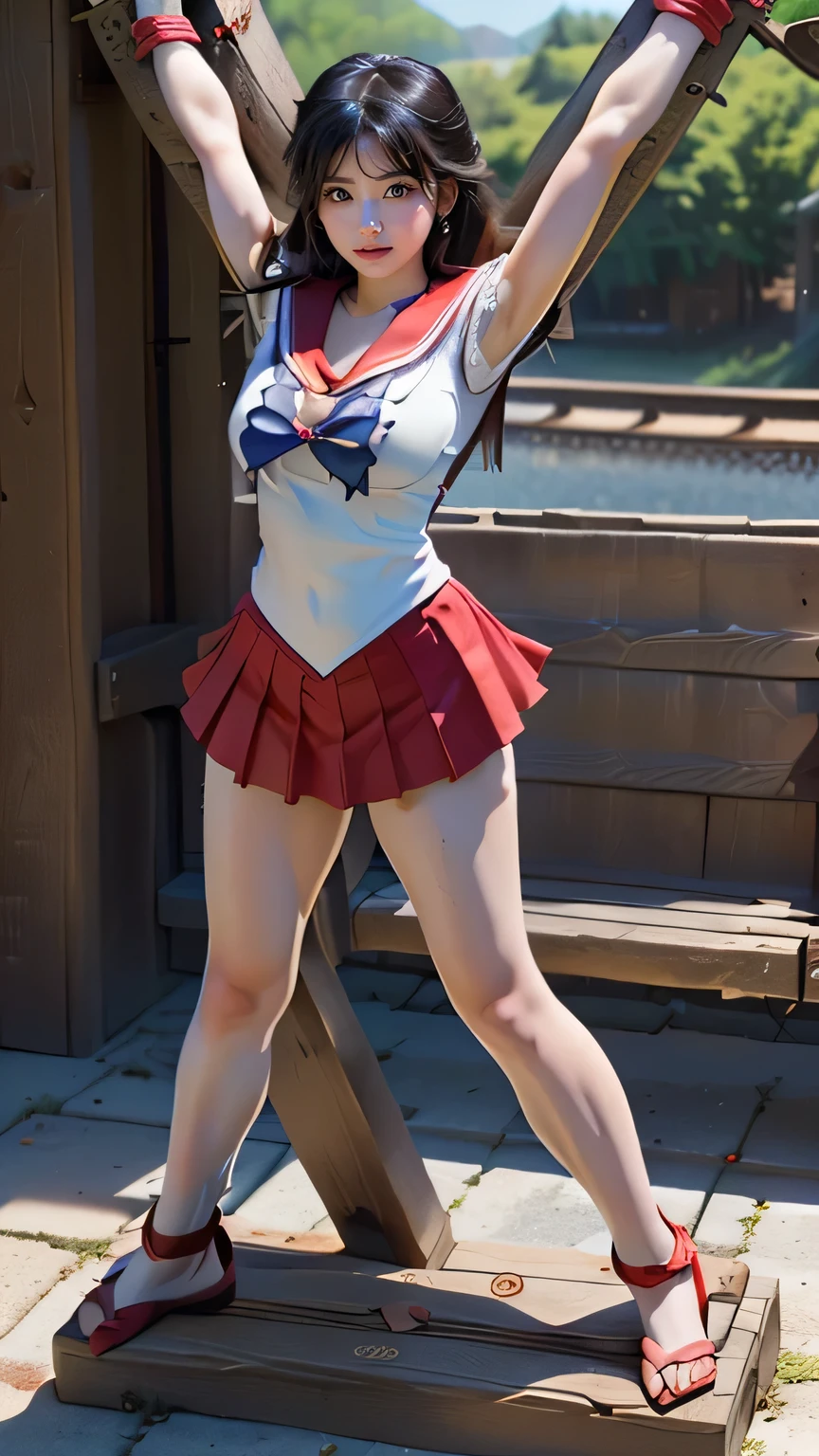(8 thousand, RAW photos, best quality, masterpiece:1.2), (super fast:1.0), detailed illustration, detailed, (realistic, photo-realistic:1.37), detailed beautiful skin, sailor moon, (1 girl: 1.2),(whole body:1.2),(The Hand of Guido Daniele:1.2), slim body, cute, happy, long hair, long legs, split,blue skirts,red bow,blue eyes,blond hair,twin tail,hair bun,headdress,blue sailor collar, Red choker, Red boots, high heel, Sailor Sensi Uniform, white gloves,보석 달린 headdress,elbow gloves,pleated skirt,Knee boots blue sky, beautiful sky, (sight), lake, falling petals, falling leaves, cowboy shot,