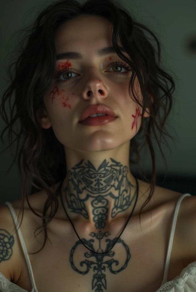 (best quality, hyperdetailed photography:1.2), beautiful lady, blood dropping from mouth,,tattoo's breast,(muscular body:1.1),,dark makeup,(white skin:1.2), horror vibe, ((moonlight)),,,,, ponytail,badass woman,,,,(massive perfect breast:1.0), (upper body portrait), (cinematic shot:1.5), (movie photography:1.2), cinematic lights,, (naked breast),(ultra detailed skin texture:1.3)